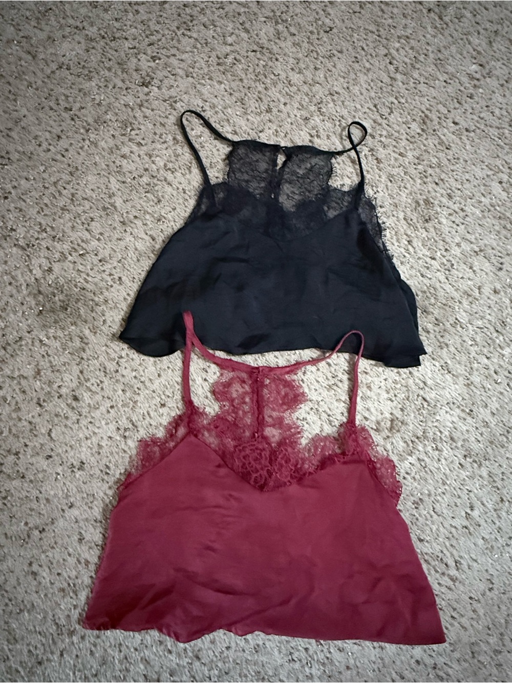 Set of 2 Silk-Look Lace Trim Satin Cami Tops - Black & Burgundy